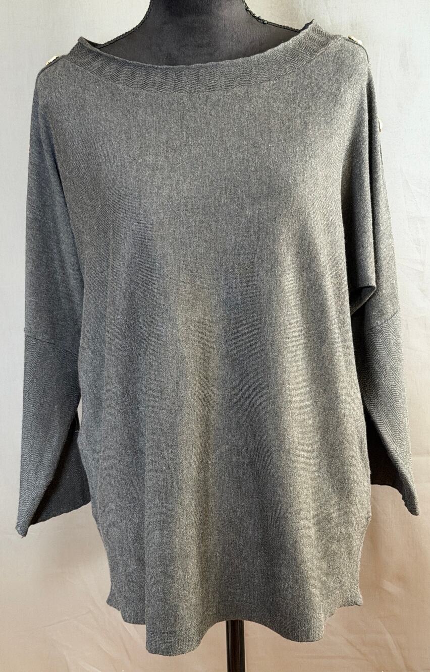Melissa Paige Boat-Neck Dolman Sweater Button Shoulder Charcoal Gray Large